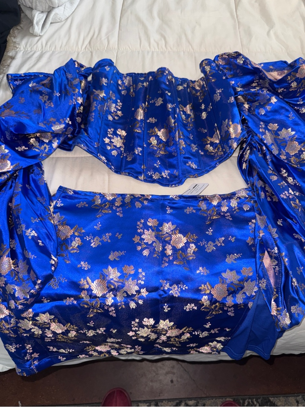 Fashion Nova Royal Blue Metallic Floral Corset Skirt Set